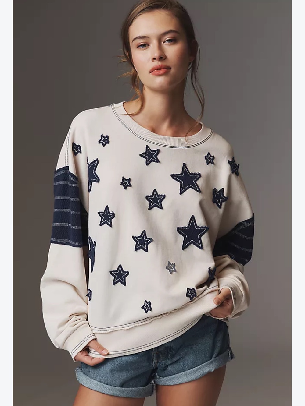 Pilcro Anthropologie Star Patch Oversized Sweatshirt Ivory Navy S
